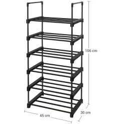 Merkloos Schoenenrek - 6 Vakken - Schoenenopberger - 30 x 45 x 106 cm - Metaal - Zwart New
