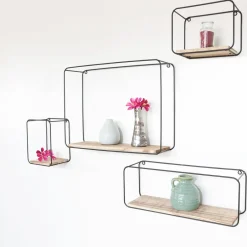 IVOL Set van 4 rechthoekige metalen wandrekjes met houten plankje - Zwart Best