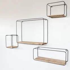 IVOL Set van 4 rechthoekige metalen wandrekjes met houten plankje - Zwart Best