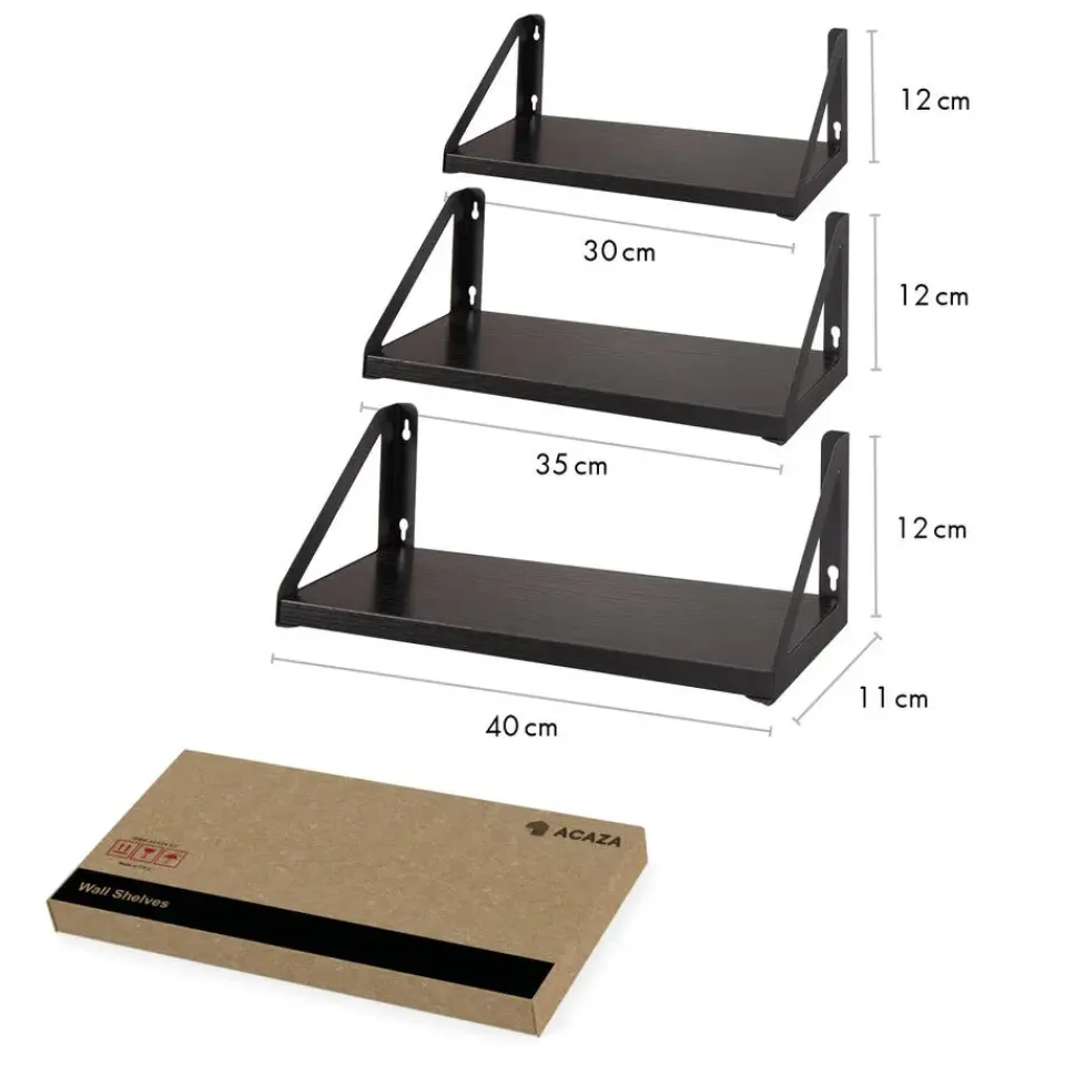 Merkloos Set van 3 Wandplanken, Zwevende Boeken Planken, 30, 35 en 40 cm lang, Zwart Hot