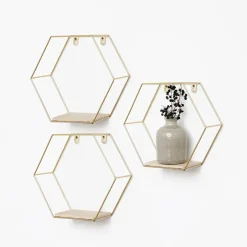 IVOL Set van 3 zeshoekige metalen wandrekjes met houten plankje - Goud Discount