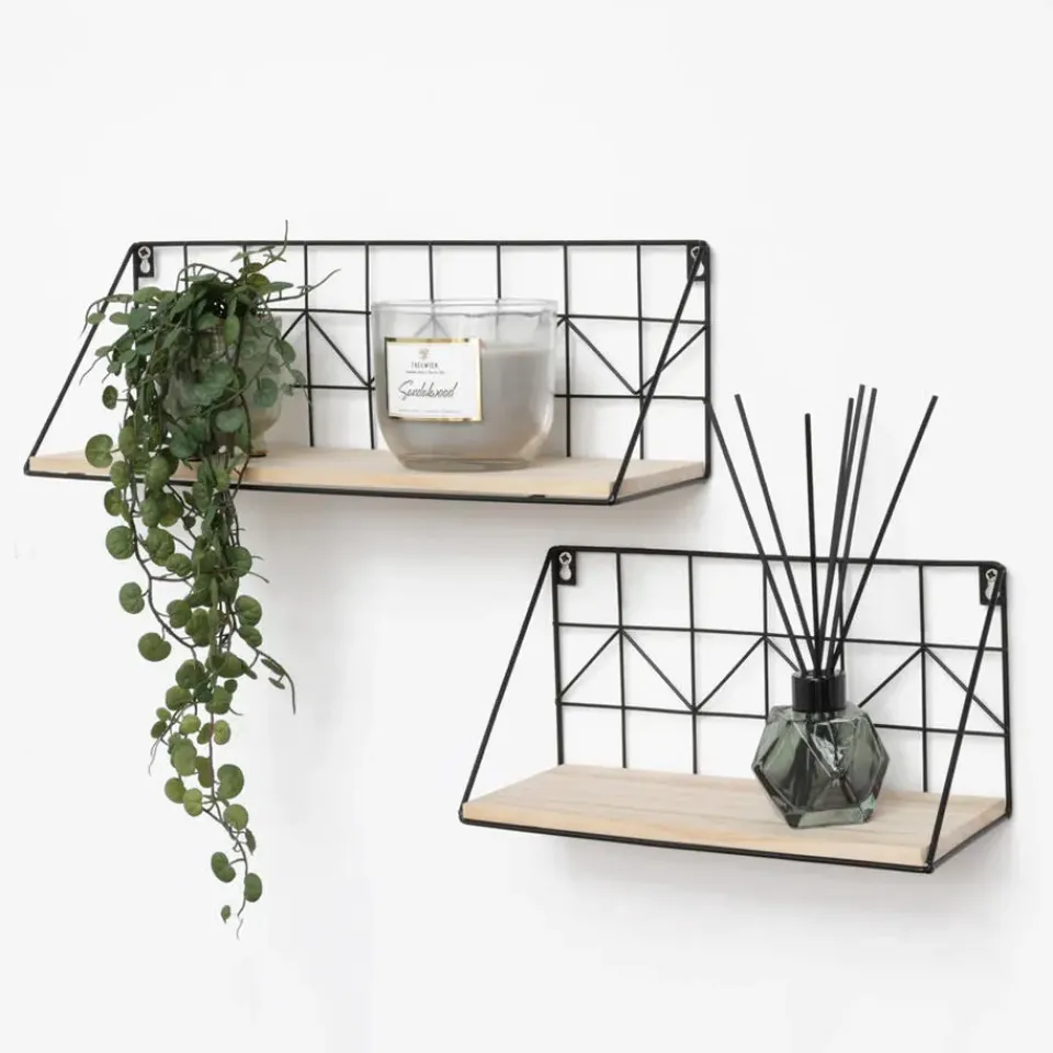 IVOL Set van 2 zwarte metalen wandrekjes met houten plankje - 30 en 45 cm Clearance