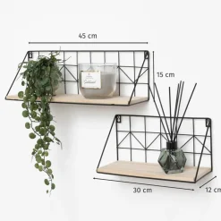 IVOL Set van 2 zwarte metalen wandrekjes met houten plankje - 30 en 45 cm Clearance
