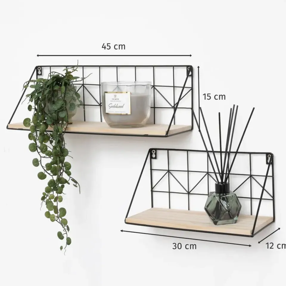 IVOL Set van 2 zwarte metalen wandrekjes met houten plankje - 30 en 45 cm Clearance