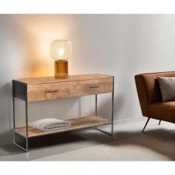 Livingfurn Sidetable Naturel Mangohout - Metaal - 120x35x75cm - Elin Online