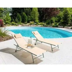 Leen Bakker SORONI - Ligstoel set van 2 - Groen/Beige - Staal Discount