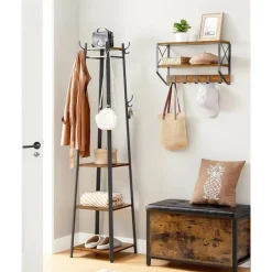 Merkloos Staande kapstok - industriële look - 8 haken - 45x181x45 cm - vintage bruin Online