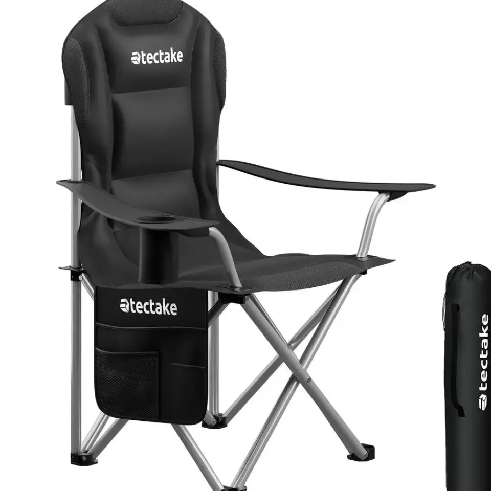 tectake - Gestoffeerde campingstoel MTX, opvouwbaar, met bekerhouder, Zwart