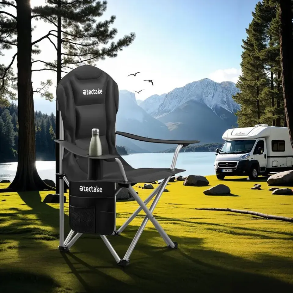 tectake - Gestoffeerde campingstoel MTX, opvouwbaar, met bekerhouder, Zwart