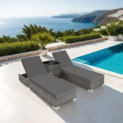 tectake 2 wicker ligbedden met aluminium frame en tafel, inclusief beschermhoes Clearance