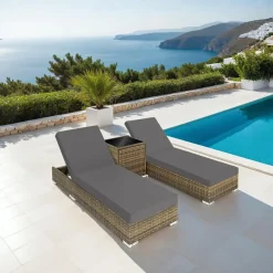 tectake 2 wicker ligbedden met aluminium frame en tafel, inclusief beschermhoes Clearance