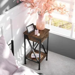 tectake Bijzettafel Dayton 35x35x70,5cm, Industrieel Hout Donker, Rustiek Clearance