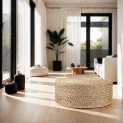 tectake Handgemaakte poef Banno Elipse van jute, rond, boho-stijl, Beige Clearance