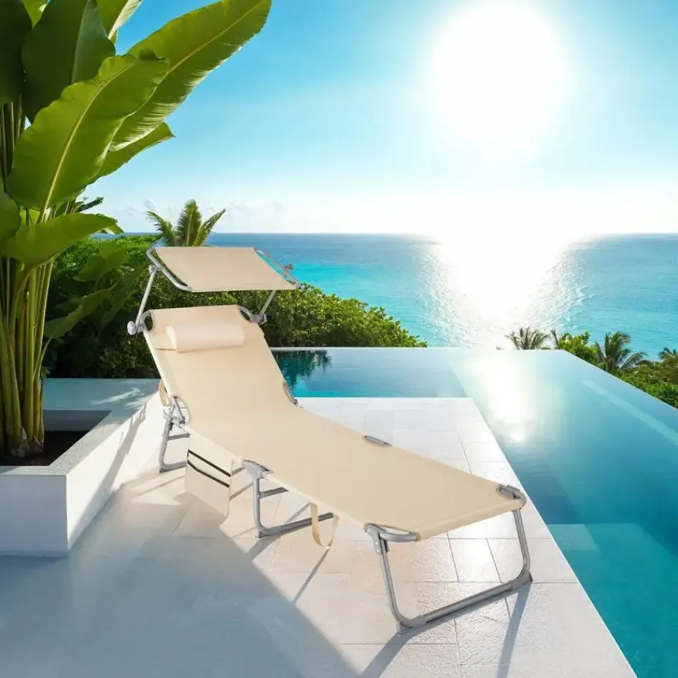 tectake Ligbed Chloé 4-niveaus, hoofdkussen en tas, Beige