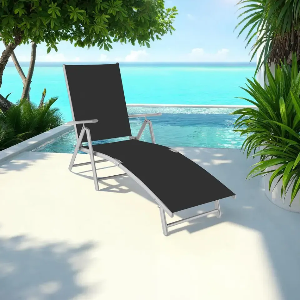 tectake Ligbed Marisol aluminium, 7 standen, Zwart/zilver Hot