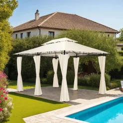 tectake Luxe tuinpaviljoen Emine 4x3m met 6 zijdelen, Crème Sale