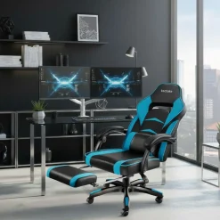 tectake Racing bureaustoel Comodo met voetsteun , Zwart/azuur Best