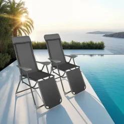 tectake Set van 2 aluminium tuinstoelen inklapbaar met hoofdsteun en voetensteun Hot