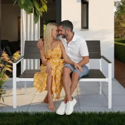 tectake Tuinbank Line 2-zitter met aluminium frame 128x59x88cm, Lichtgrijs/wit Online