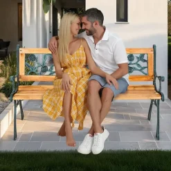 tectake Tuinbank Marina 2-zitter van hout en gietijzer 124x52x74, Bruin