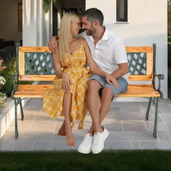 tectake Tuinbank Tamara 2-zitter van hout en gietijzer 128x51x73cm, Bruin Online