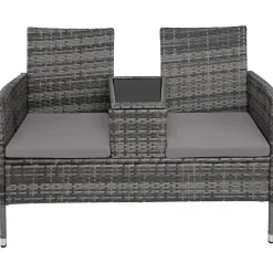 tectake Wicker tuinbank met tafel, Grijs/lichtgrijs Discount