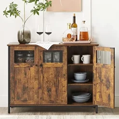 Vasagle Dressoir in industriële stijl met glazen deuren, rustiek bruin en zwart Sale