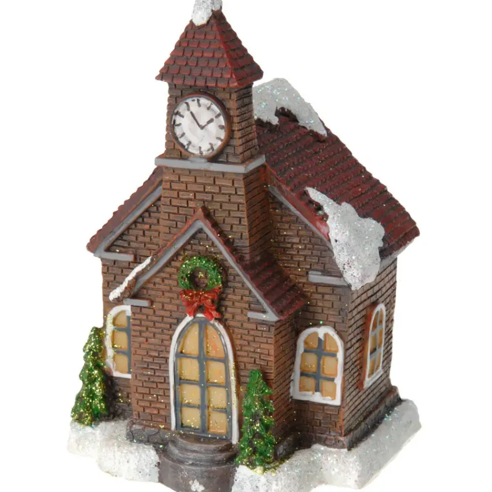 Merkloos Verlicht kerstkerkje - rood dak - polystone - 13 cm New