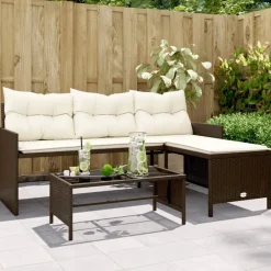 vidaXL - Tuinbank - Bruin - Poly rattan - L-vormig - Met tafel en kussens