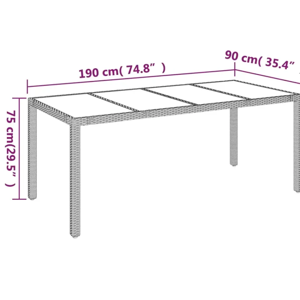vidaXL - Tuintafel Met Glazen Blad - Zwart - Poly rattan - 190 x 90 x 75 cm