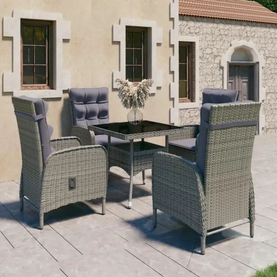 vidaXL - Verstelbaar Tuinset met grijs kussens - Poly rattan en glas - 5 stuks