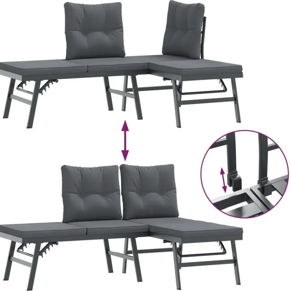 vidaXL - Verstelbare Tuinbanken met kussens zwart - Gepoedercoat staal - 2 stuks Online