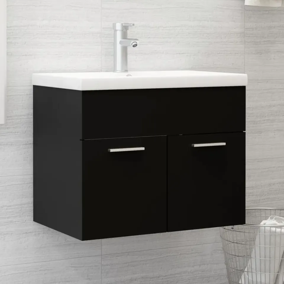 vidaXL - Wastafelkast En Wastafel - Zwart - Bewerkt hout - 60 x 38.5 x 46 cm