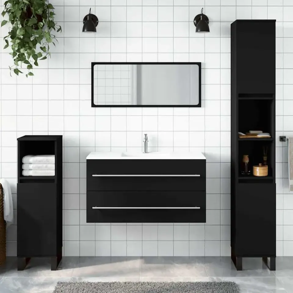 vidaXL - Wastafelonderkast met spiegel - 2 lades - Zwart - Bewerkt hout Outlet