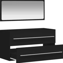 vidaXL - Wastafelonderkast met spiegel - 2 lades - Zwart - Bewerkt hout Outlet