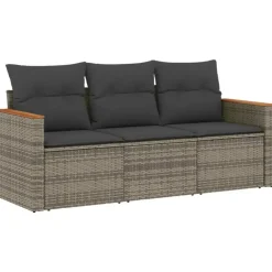 vidaXL 3-delige Loungeset met kussens en hout armsteun - Grijs - Poly rattan Hot