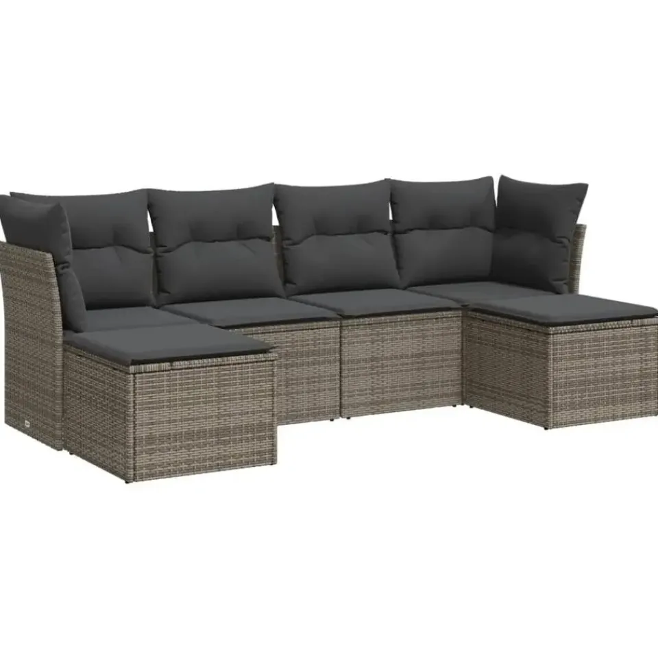 vidaXL 6-delige Loungeset met kussens en 2 krukken - Grijs - Poly Rattan