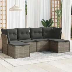 vidaXL 6-delige Loungeset met kussens en 2 krukken - Grijs - Poly Rattan