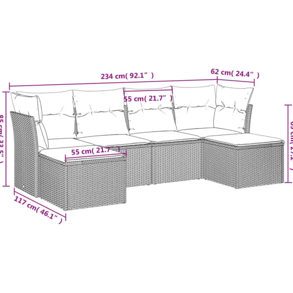 vidaXL 6-delige Loungeset met kussens en 2 krukken - Grijs - Poly Rattan