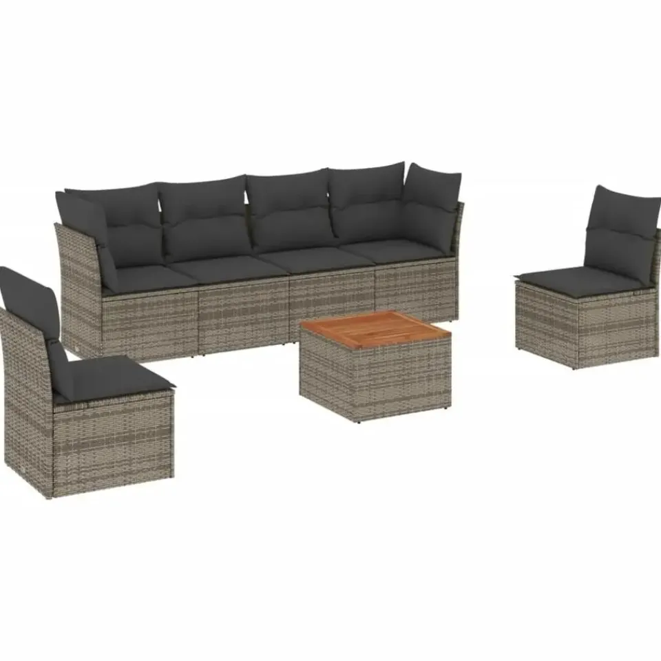 vidaXL 7-delige Loungeset met kussens en hout salontafel - Grijs - Poly rattan Clearance