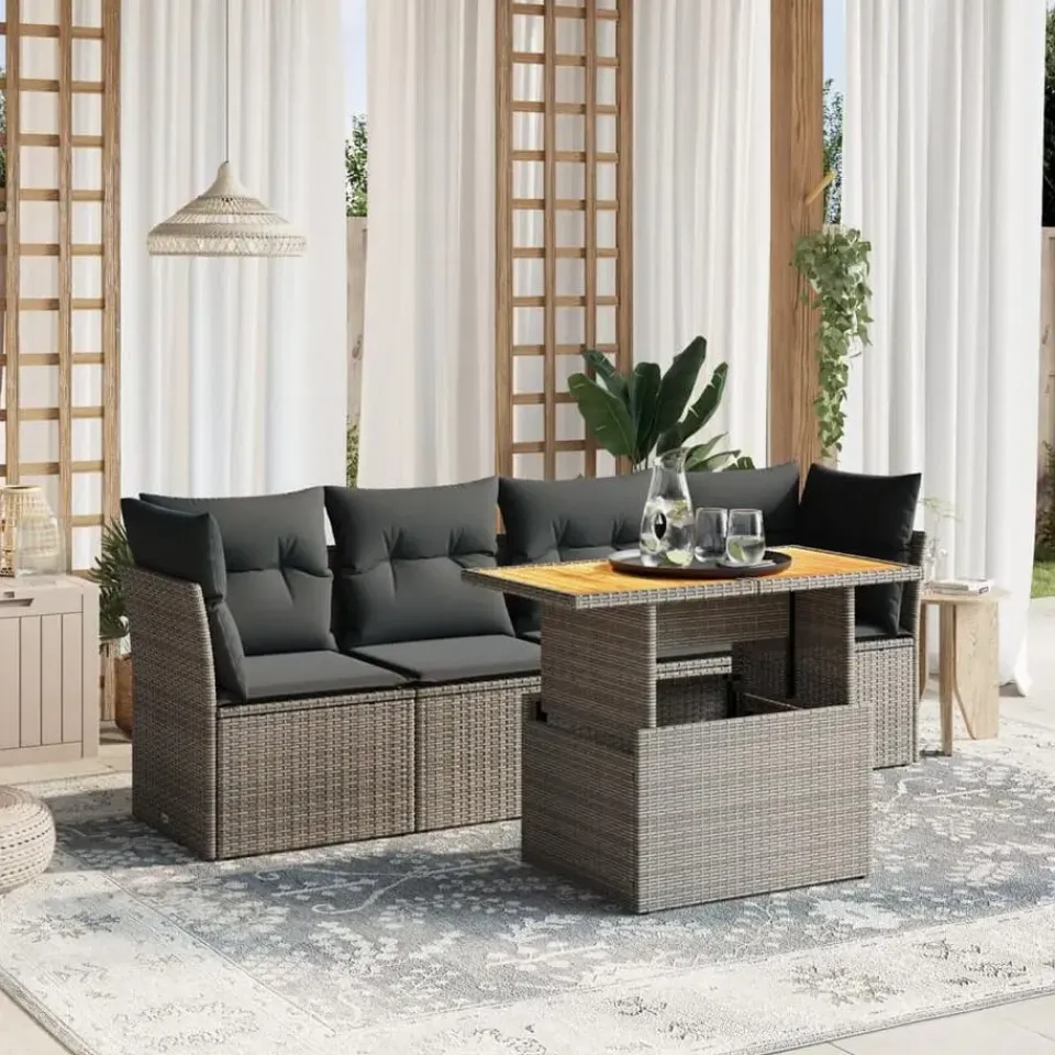 vidaXL 5-delige Loungeset voor 4 met kussens en verstelbaar hout salontafel Hot