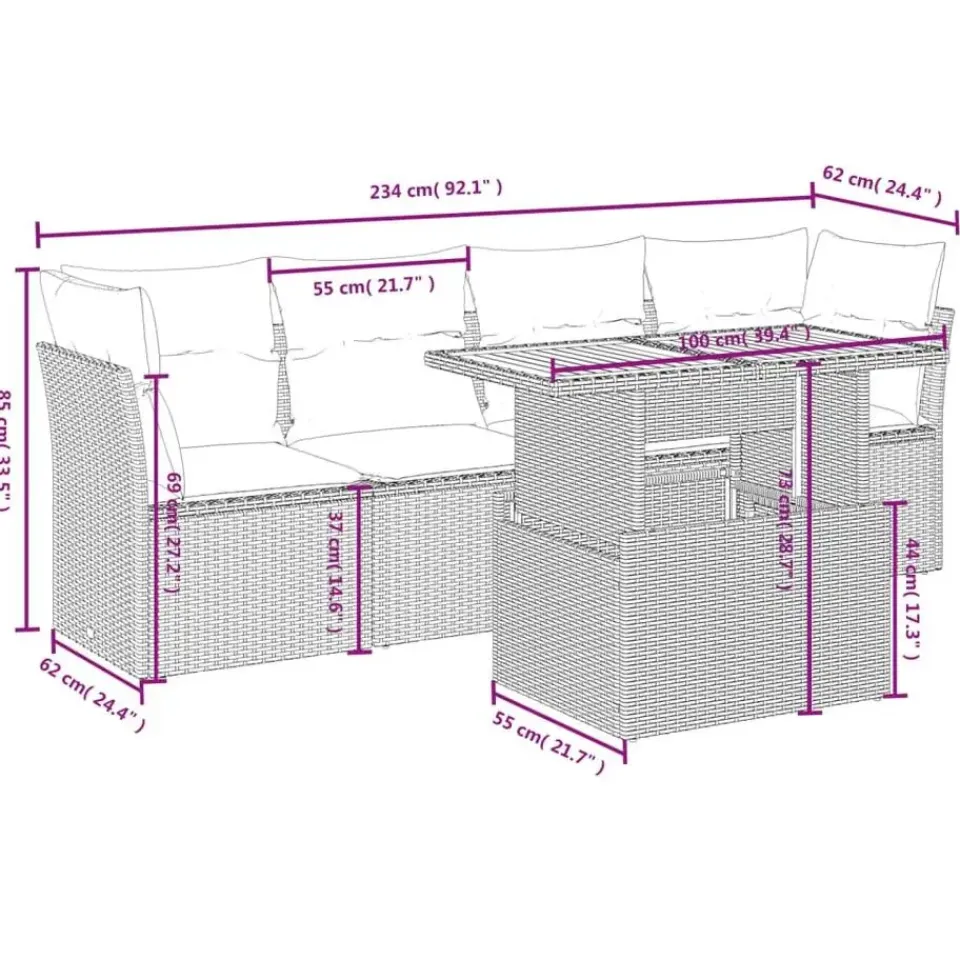 vidaXL 5-delige Loungeset voor 4 met kussens en verstelbaar hout salontafel Hot