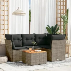 vidaXL Loungeset met kussens & hout salontafel - Grijs - Poly rattan - 5 stuks Hot