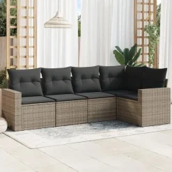 vidaXL Loungeset met kussens voor 5 personen - Grijs - Poly Rattan - 5 stuks