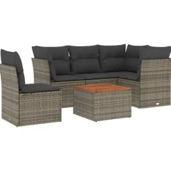 vidaXL Loungeset met kussens & hout salontafel - Grijs - Poly rattan - 6 stuks Hot