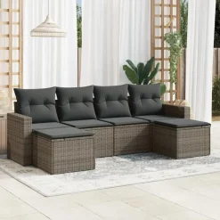 vidaXL Loungeset met kussens en 2 krukken - Grijs - Poly rattan - 6 stuks Sale