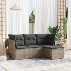 vidaXL Tuin-loungeset met kussens - set van 4 - Grijs - Poly Rattan