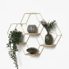 IVOL Vierdubbel zeshoekig metalen wandrek met 4 houten plankjes - 40,5x58 cm - Goud New