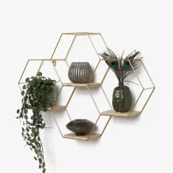 IVOL Vierdubbel zeshoekig metalen wandrek met 4 houten plankjes - 40,5x58 cm - Goud New