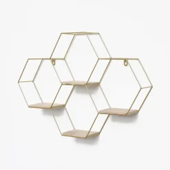IVOL Vierdubbel zeshoekig metalen wandrek met 4 houten plankjes - 40,5x58 cm - Goud New